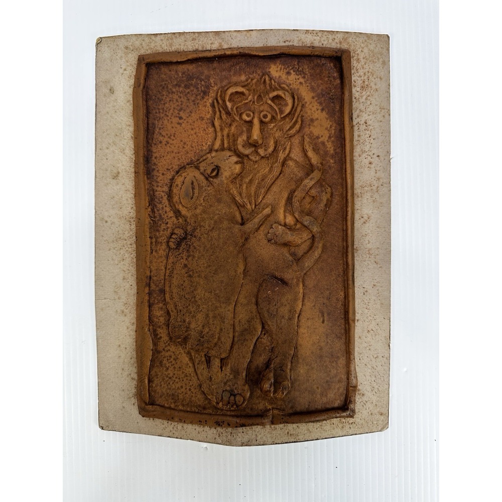 VTG Handmade Clay Bas-Relief Sculpture Stylized Lion & Lamb Sheep Folk Art MCM